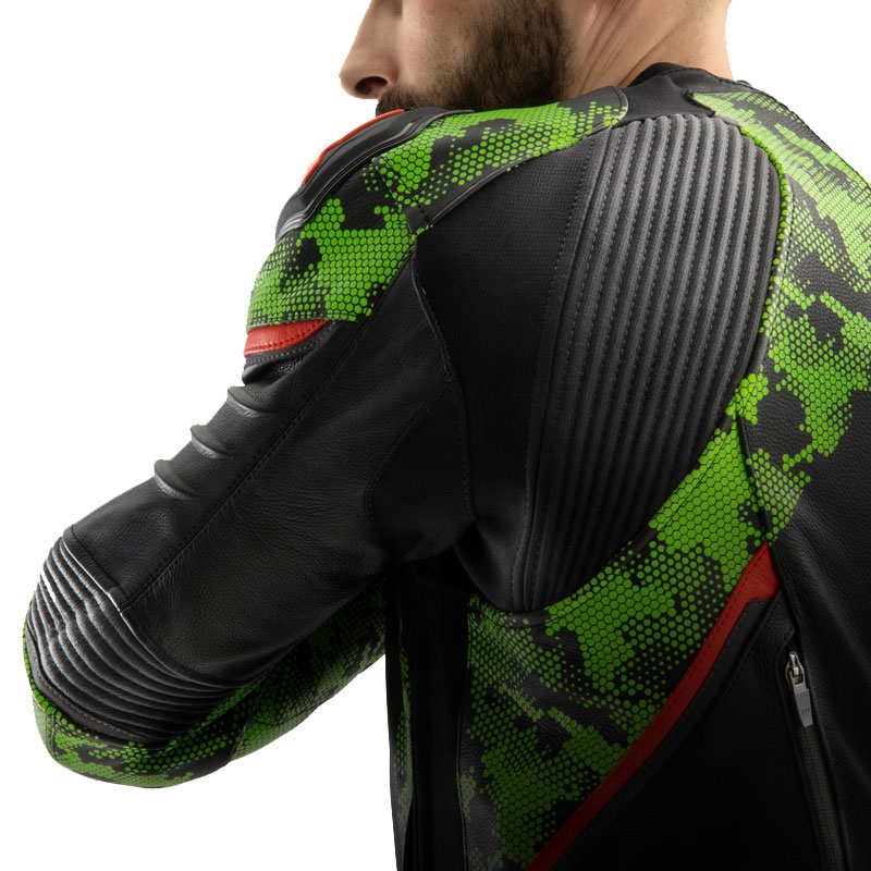 Kožená bunda na motorku Rebelhorn Veloce černo-camo zeleno-fluo červená