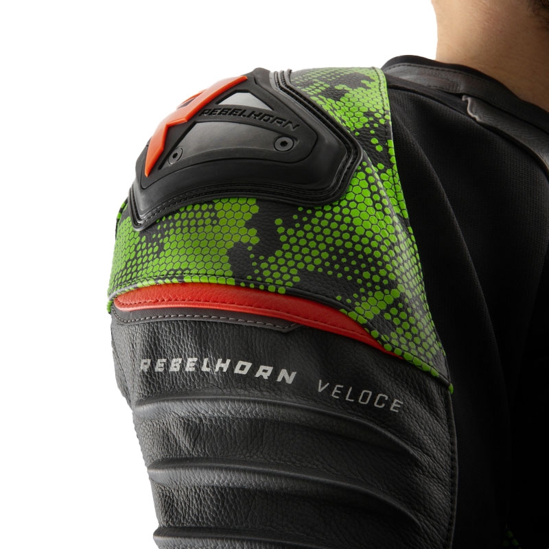 Kožená bunda na motorku Rebelhorn Veloce černo-camo zeleno-fluo červená