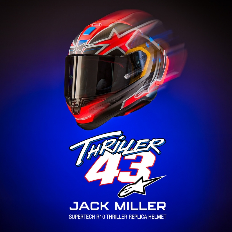 Integrální helma na motorku Alpinestars Supertech R10 limitovaná edice Jack Miller matná karbon červeno-modro-žluto-bílá