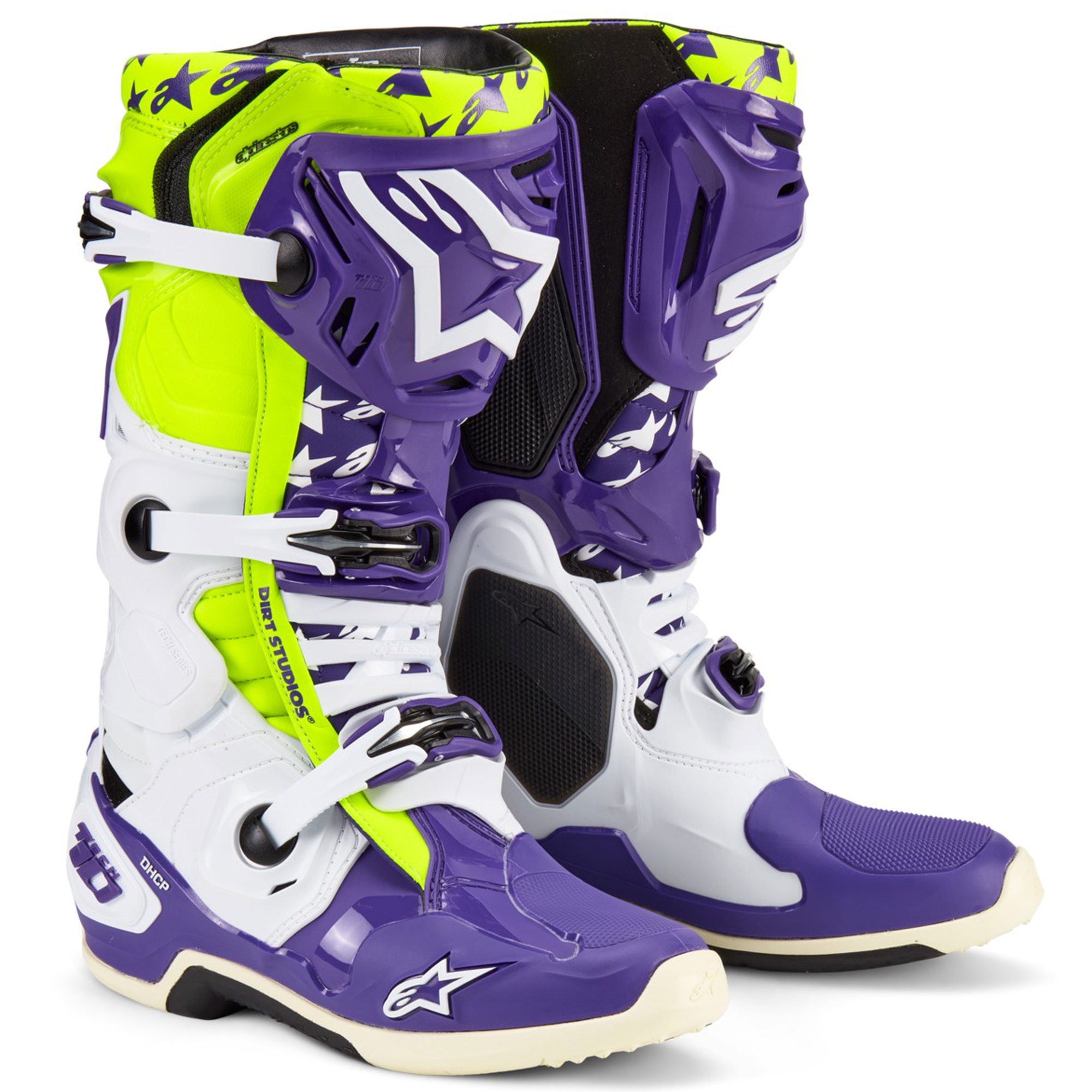 Boty na motorku Alpinestars TECH 10 limitovaná edice Dirt Studios fialovo-bílo-fluo žluté Velikost: 42