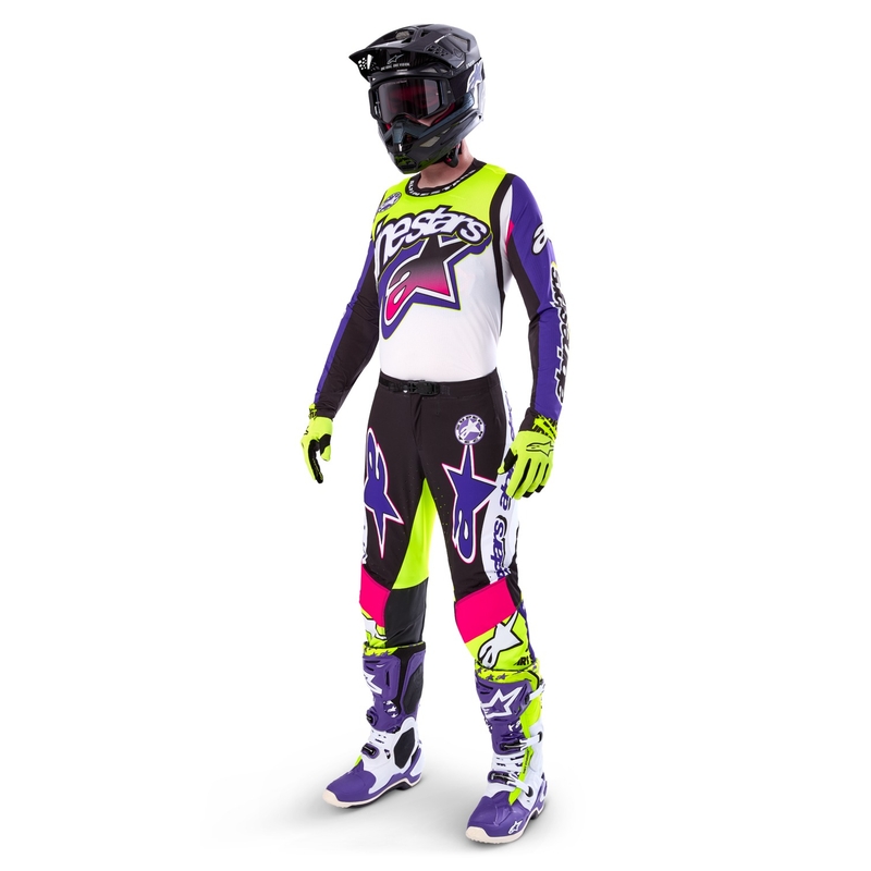 Motokrosové kalhoty Alpinestars Supertech limitovaná edice Dirt Studios bílo-fialovo-růžovo-fluo žluté