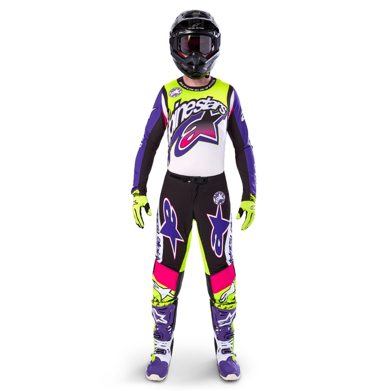 Motokrosové kalhoty Alpinestars Supertech limitovaná edice Dirt Studios bílo-fialovo-růžovo-fluo žluté