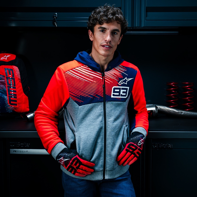 Mikina na motorku Alpinestars Chrome V2 Sport Hoodie MM93 kolekce světle šedo-modro-fluo červená