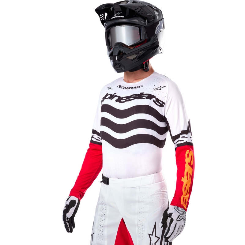 Motokrosový dres Alpinestars Techstar limitovaná edice Deep černo-bílo-fluo červeno-oranžový