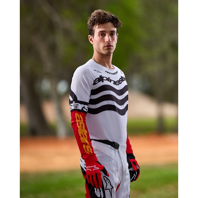 Motokrosový dres Alpinestars Techstar limitovaná edice Deep černo-bílo-fluo červeno-oranžový