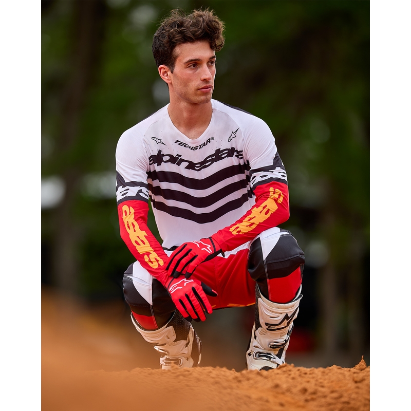 Motokrosové kalhoty Alpinestars Techstar limitovaná edice Deep černo-bílo-fluo červeno-oranžové