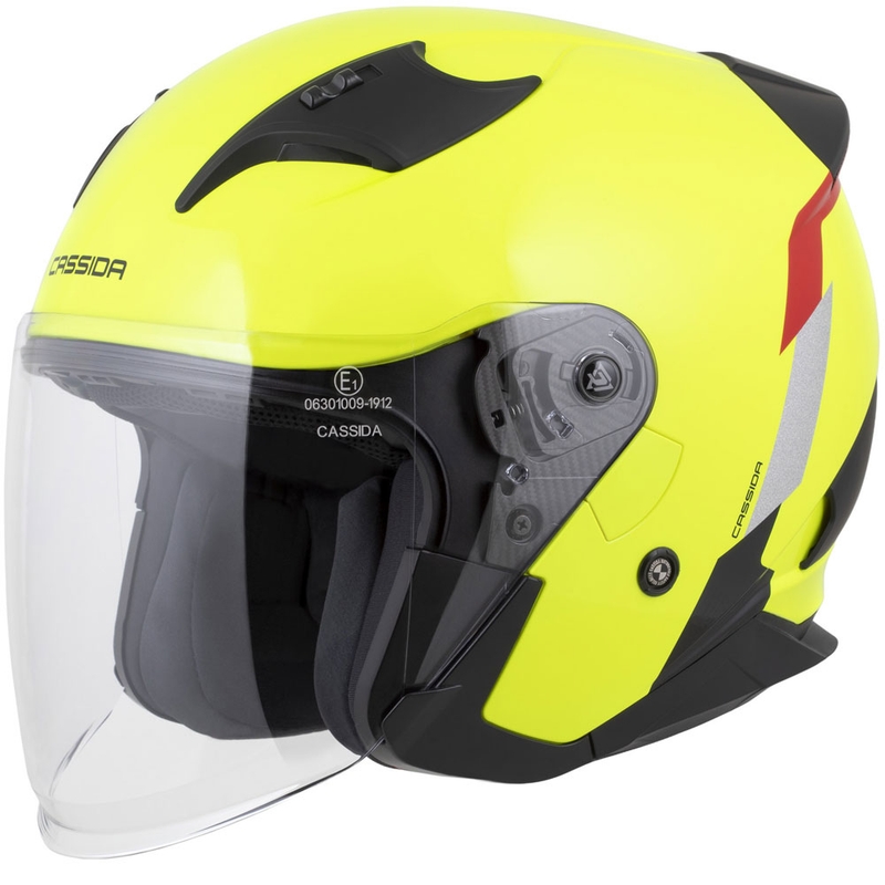 Otevřená helma na motorku Cassida Reflex 2.0 Safety fluo žluto-červeno-šedo-reflexní stříbrná
