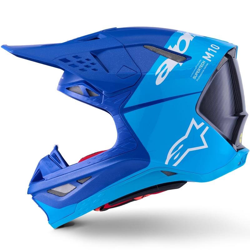 Motokrosová helma Alpinestars Supertech S-M10 Flood modrá perleťovo-světle modro-černo-karbonovo-matno-lesklá