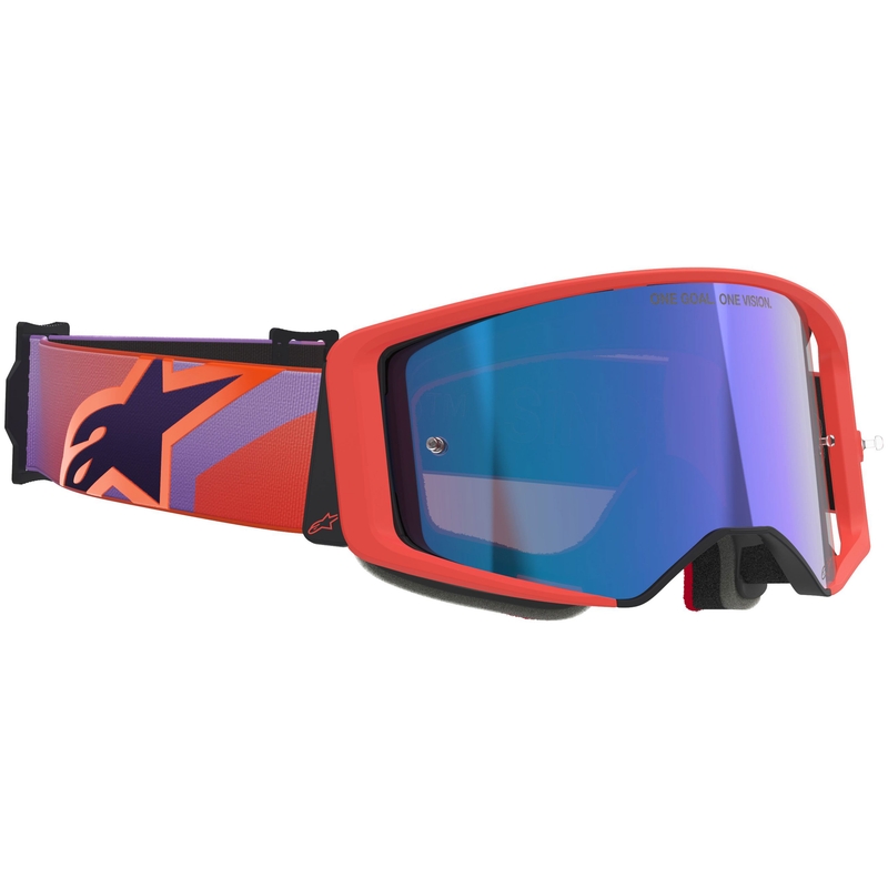 Motokrosové brýle Alpinestars Supertech Vision Corp oranžovo-fialové se zrcadlovým modrým zorníkem
