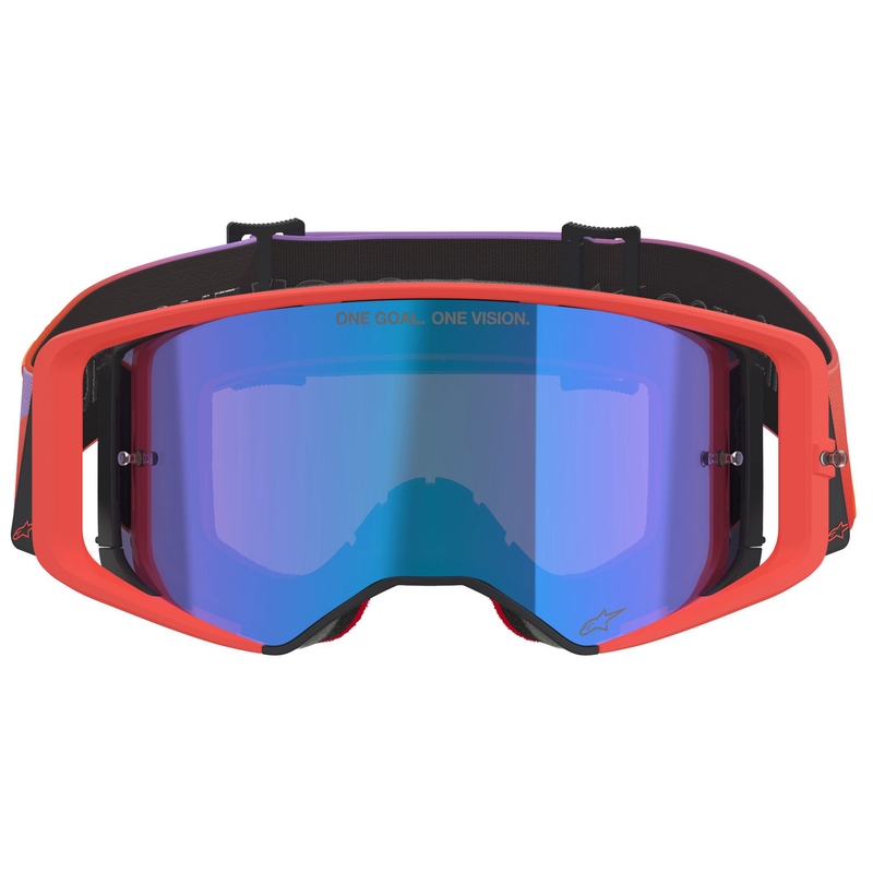 Motokrosové brýle Alpinestars Supertech Vision Corp oranžovo-fialové se zrcadlovým modrým zorníkem