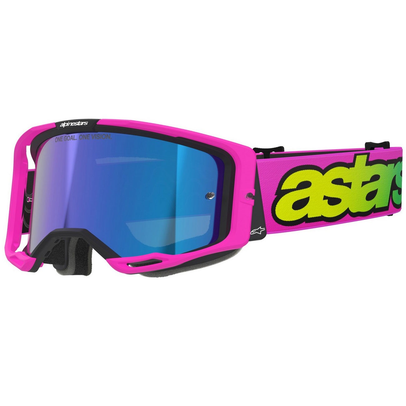 Motokrosové brýle Alpinestars Vision 8 Vista fluo růžovo-fluo žluto-zelené se zrcadlovým modrým zorníkem