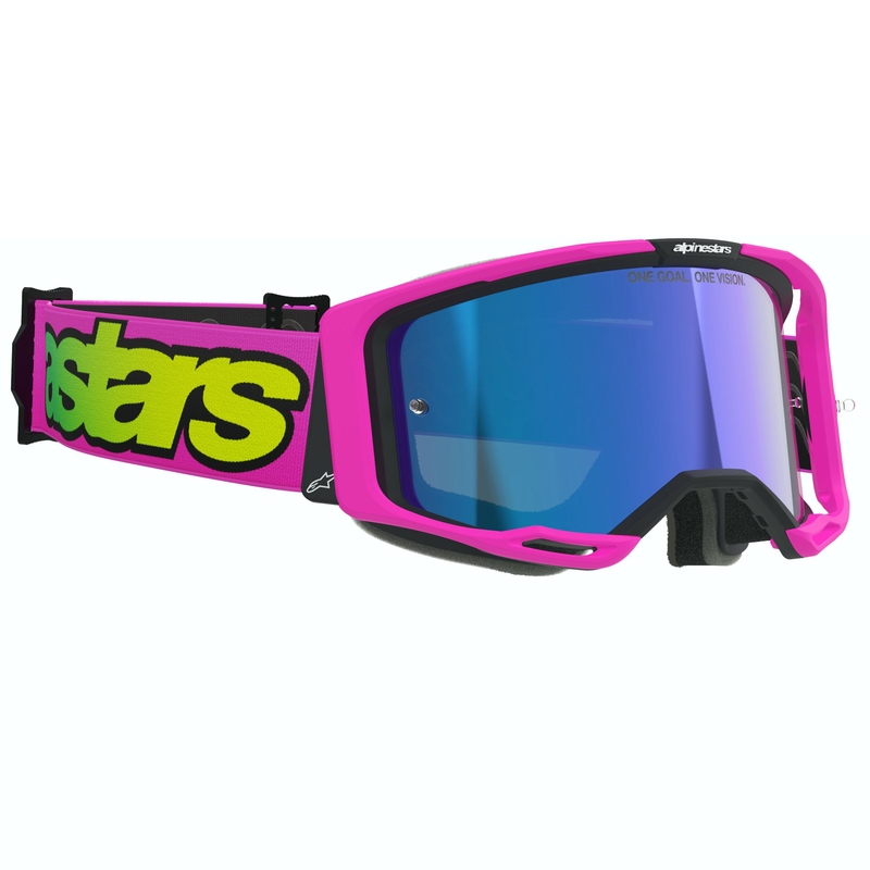 Motokrosové brýle Alpinestars Vision 8 Vista fluo růžovo-fluo žluto-zelené se zrcadlovým modrým zorníkem