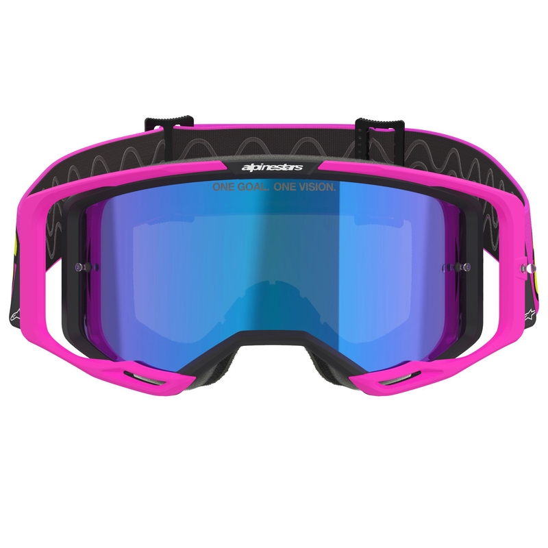 Motokrosové brýle Alpinestars Vision 8 Vista fluo růžovo-fluo žluto-zelené se zrcadlovým modrým zorníkem