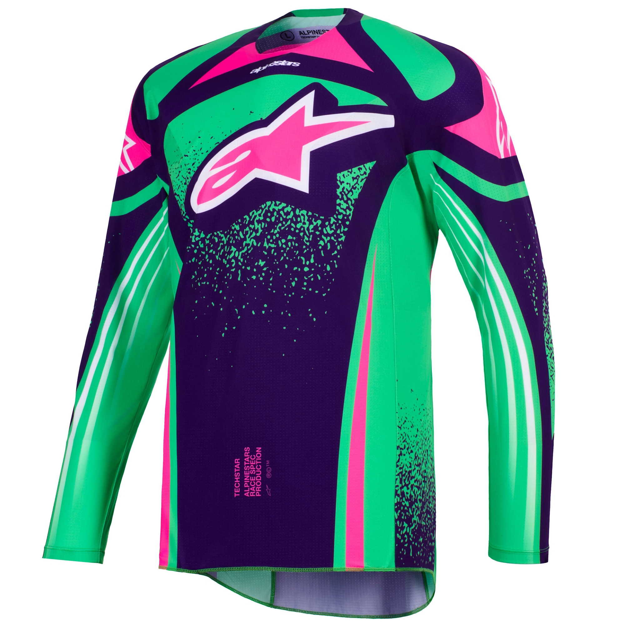 Motokrosový dres Alpinestars Techstar Nomur tmavě fialovo-zeleno-fluo růžový Velikost: S