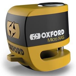Zámek kotoučové brzdy Oxford Micro XA5 s integrovaným alarmem žluto-černý