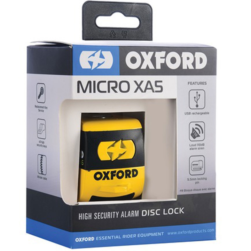 Zámek kotoučové brzdy Oxford Micro XA5 s integrovaným alarmem žluto-černý