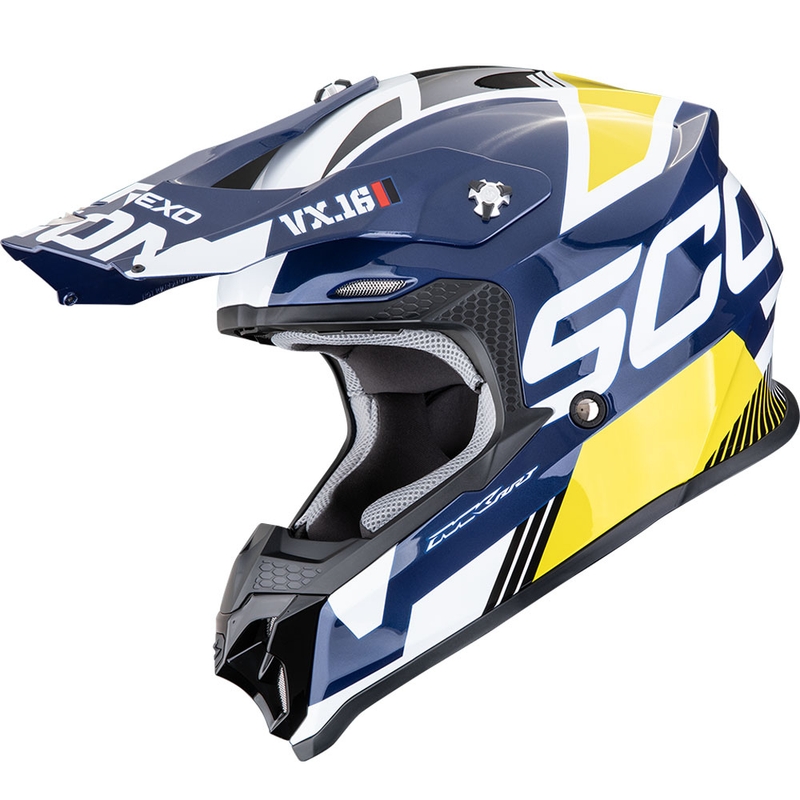 Motokrosová helma Scorpion VX-16 EVO Air Analog bílo-modro-žlutá