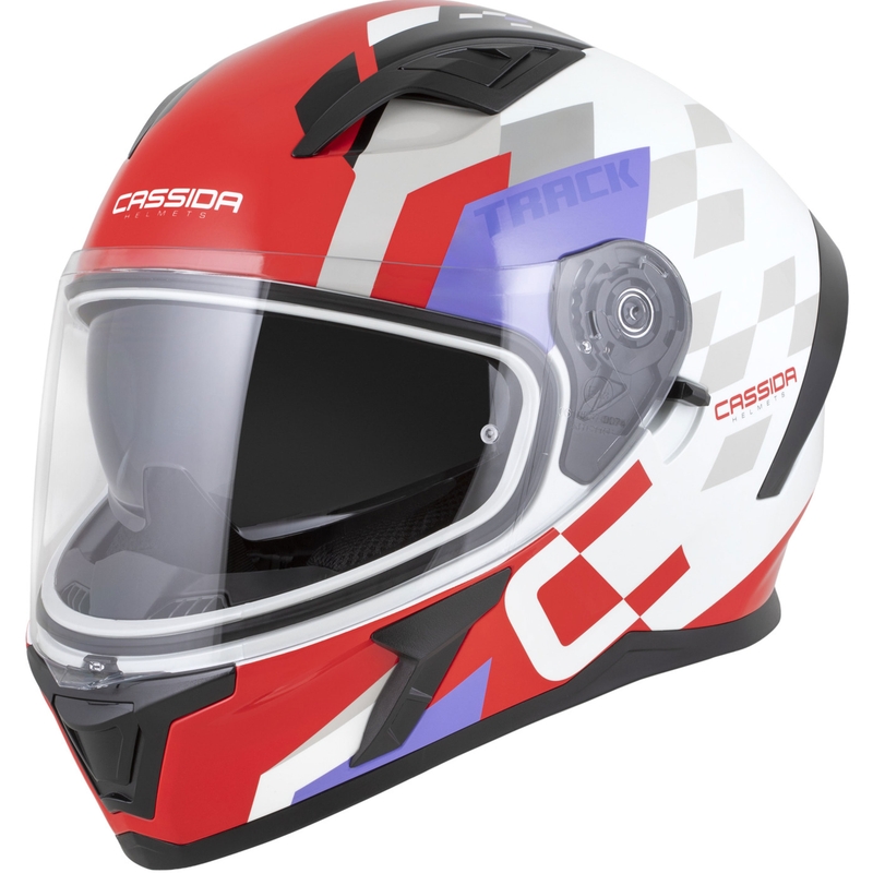 Integrální helma na motorku Cassida Orbit Track fluo červeno-bílo-fialovo-černá