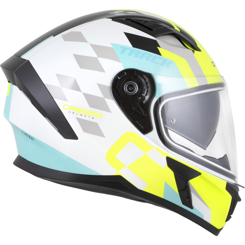 Integrální helma na motorku Cassida Orbit Track bílo-fluo žluto-tyrkysovo-černá