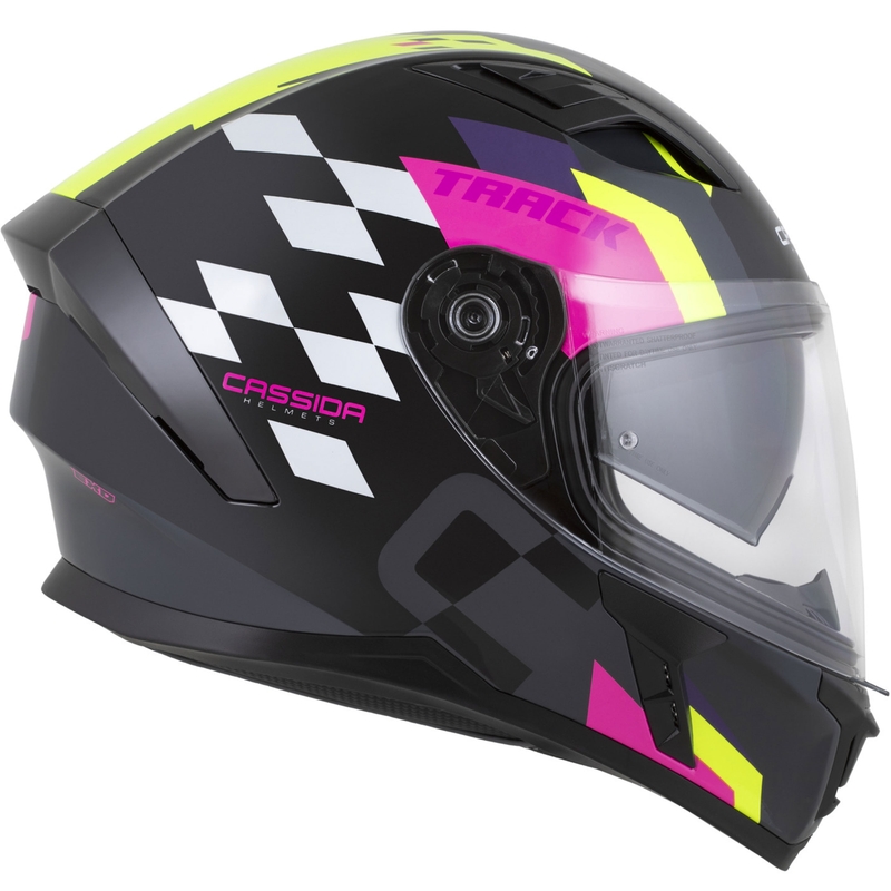 Integrální helma na motorku Cassida Orbit Track černo-růžovo-fialovo-fluo žluto-bílá
