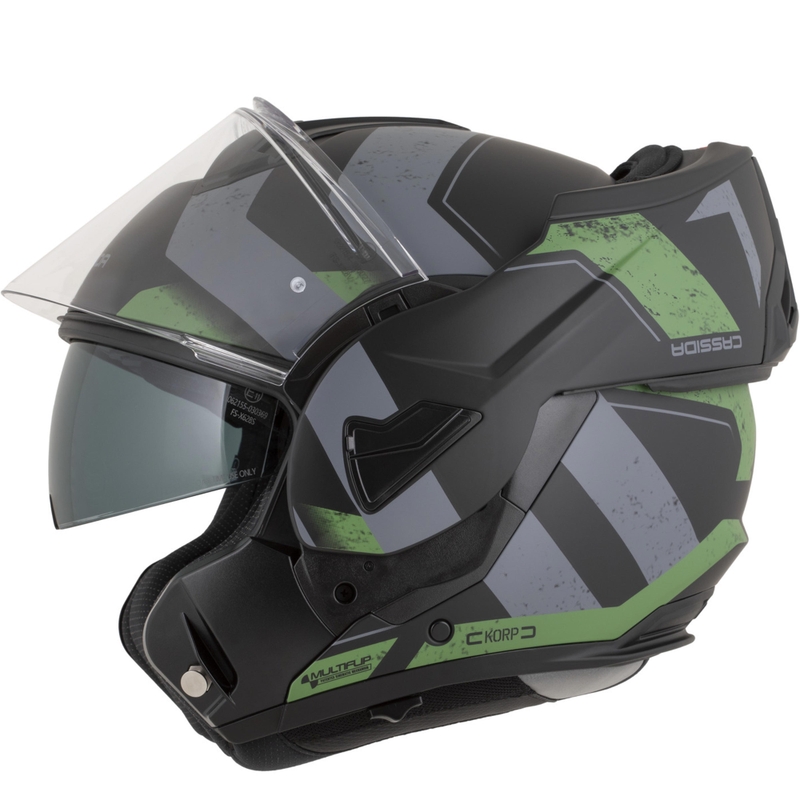 Překlápěcí helma na motorku Cassida MultiFlip Korp matná černo-zeleno-šedá