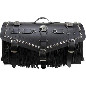 Kožený kufr na motorku se zámkem, nýty a třásněmi RSA K183 černý
