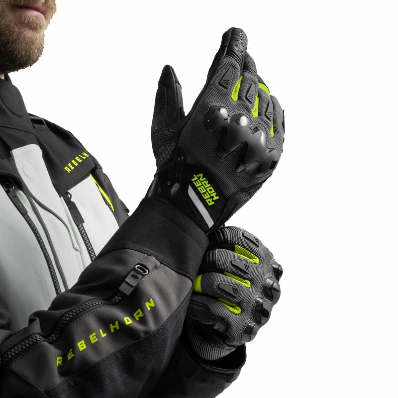 Rukavice na motorku Rebelhorn Defender černo-šedo-fluo žluté