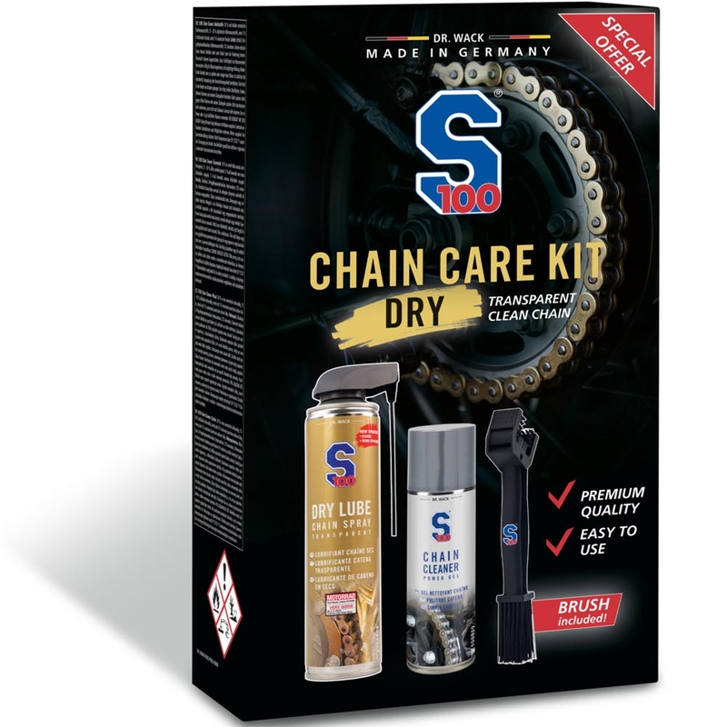 Sada péče o řetěz vč. transparentního maziva S100 Chain Care Kit (Dry Lube)