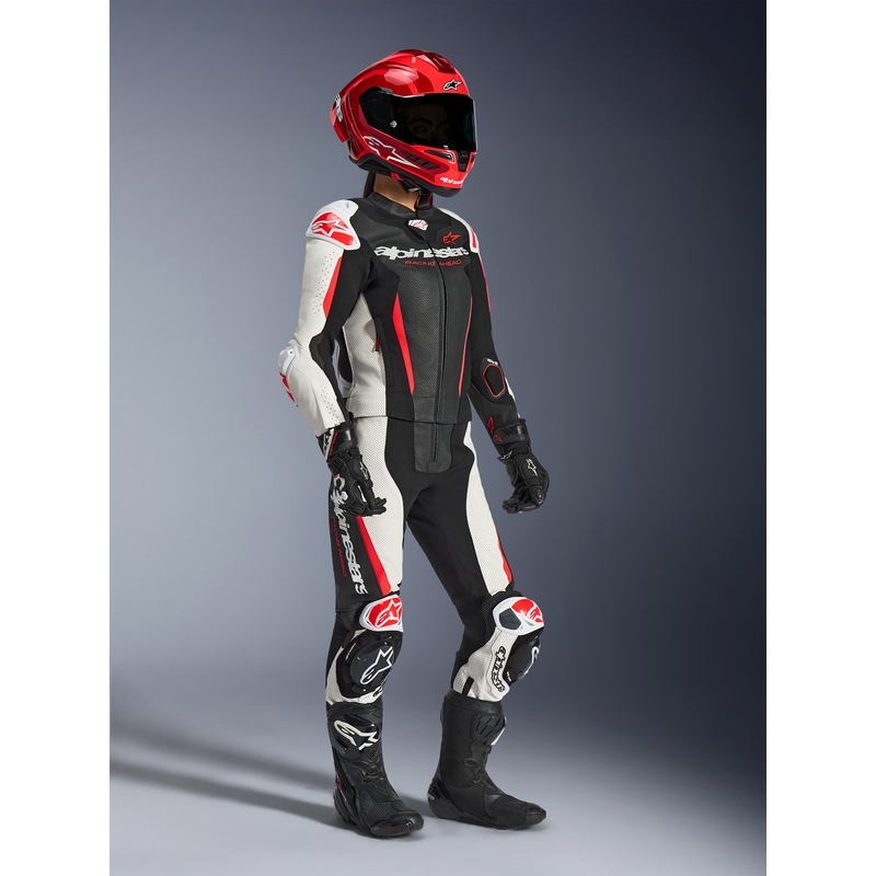Dámská dvoudílná kožená kombinéza na motorku Alpinestars Stella GP-R7 černo-bílo-fluo červená