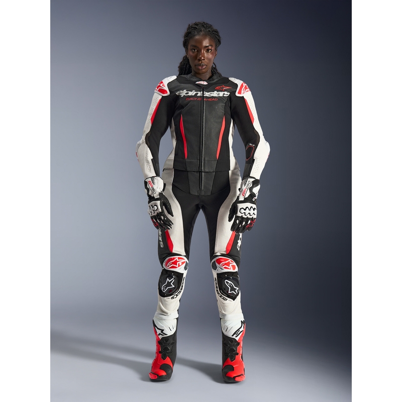 Dámská dvoudílná kožená kombinéza na motorku Alpinestars Stella GP-R7 černo-bílo-fluo červená