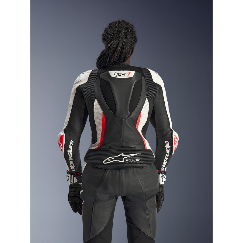 Dámská dvoudílná kožená kombinéza na motorku Alpinestars Stella GP-R7 černo-bílo-fluo červená