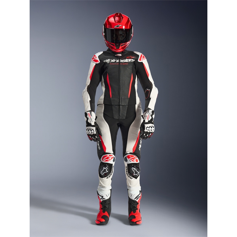 Dámská dvoudílná kožená kombinéza na motorku Alpinestars Stella GP-R7 černo-bílo-fluo červená