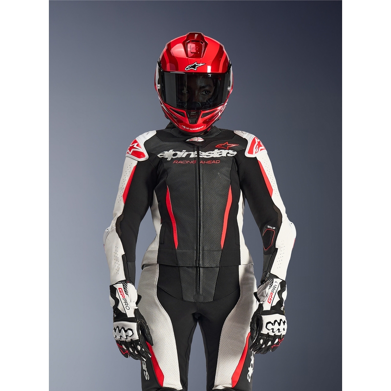 Dámská dvoudílná kožená kombinéza na motorku Alpinestars Stella GP-R7 černo-bílo-fluo červená