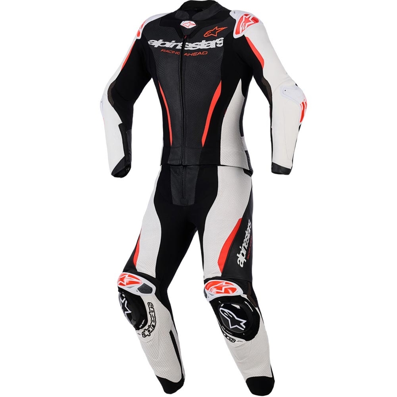 Dámská dvoudílná kožená kombinéza na motorku Alpinestars Stella GP-R7 černo-bílo-fluo červená