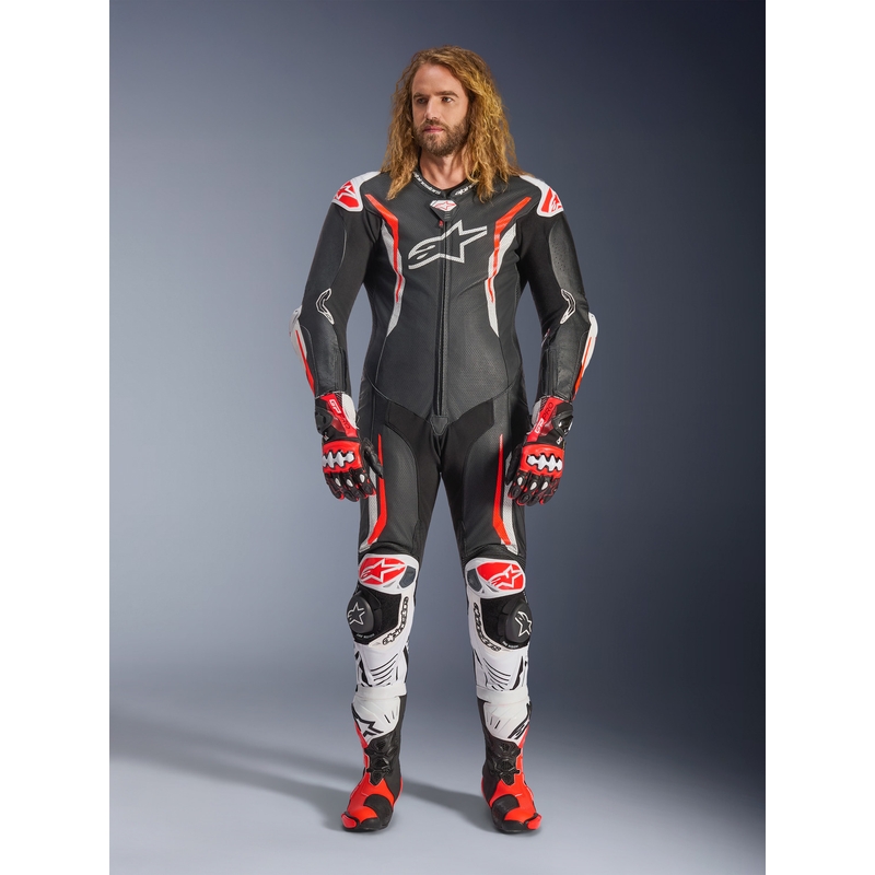 Jednodílná kožená kombinéza na motorku Alpinestars GP TECH V5 černo-bílo-fluo červená