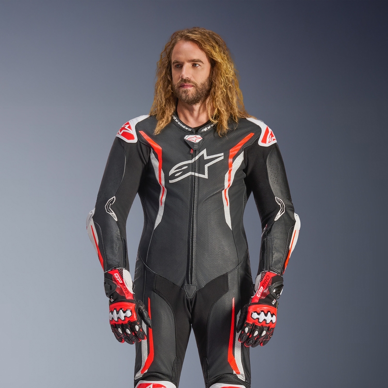 Jednodílná kožená kombinéza na motorku Alpinestars GP TECH V5 černo-bílo-fluo červená