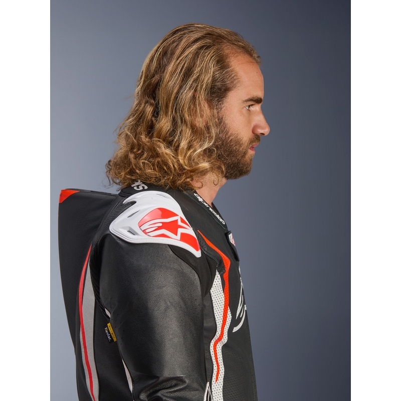 Jednodílná kožená kombinéza na motorku Alpinestars GP TECH V5 černo-bílo-fluo červená