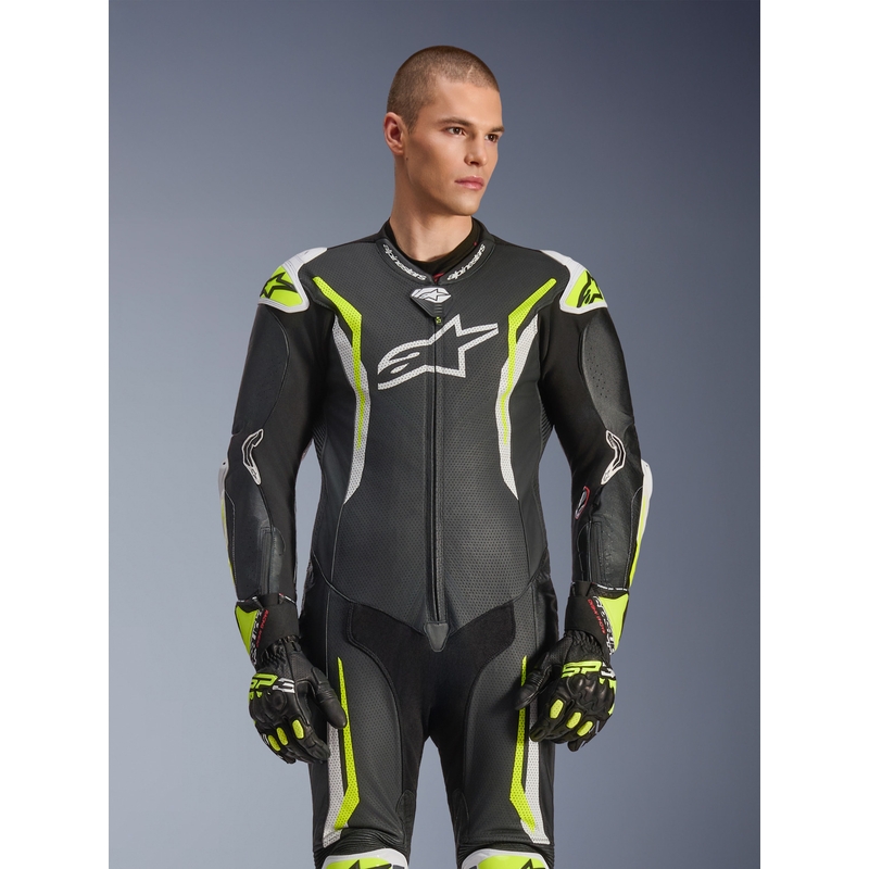 Jednodílná kožená kombinéza na motorku Alpinestars GP TECH V5 černo-bílo-fluo žlutá