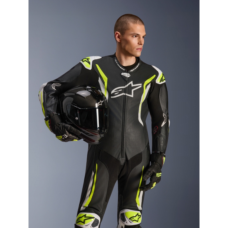Jednodílná kožená kombinéza na motorku Alpinestars GP TECH V5 černo-bílo-fluo žlutá