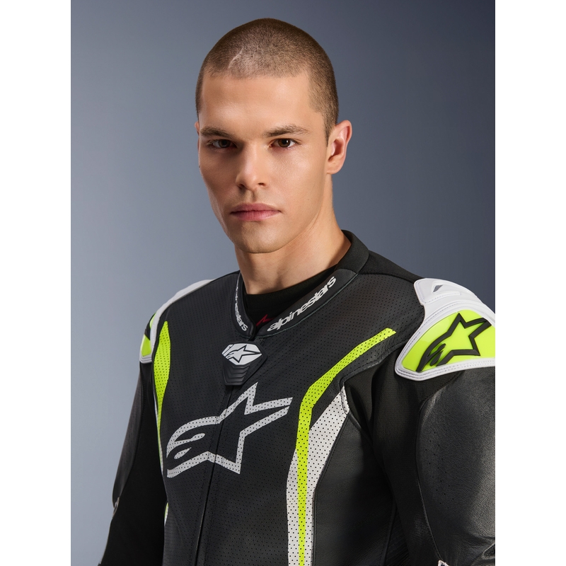 Jednodílná kožená kombinéza na motorku Alpinestars GP TECH V5 černo-bílo-fluo žlutá