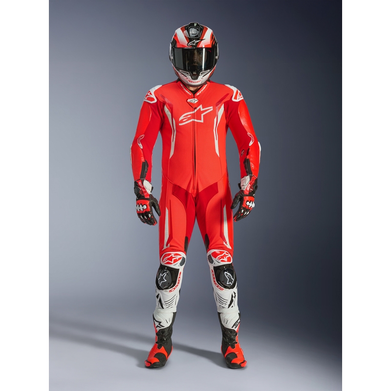 Jednodílná kožená kombinéza na motorku Alpinestars GP TECH V5 fluo červeno-červeno-bílá