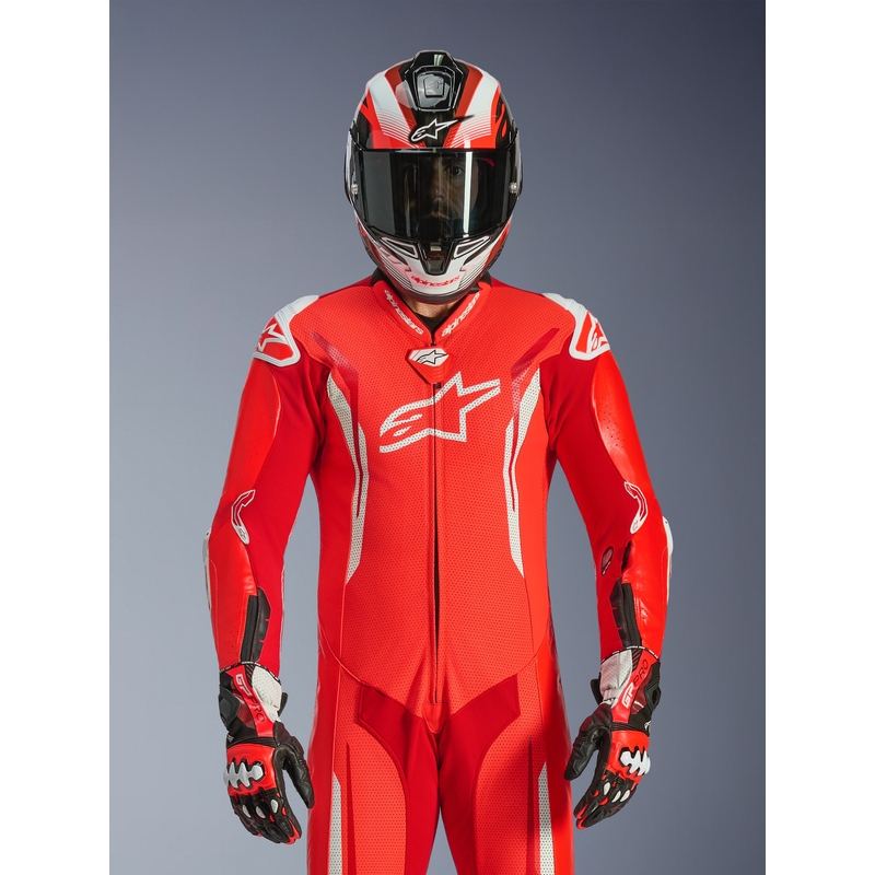 Jednodílná kožená kombinéza na motorku Alpinestars GP TECH V5 fluo červeno-červeno-bílá
