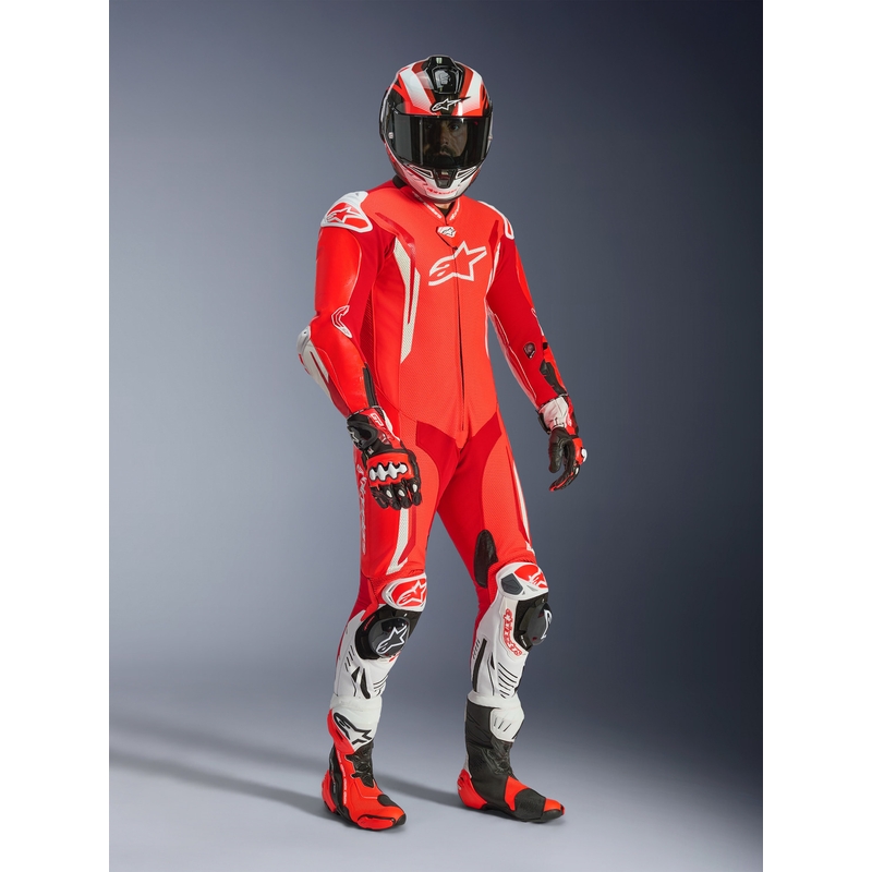 Jednodílná kožená kombinéza na motorku Alpinestars GP TECH V5 fluo červeno-červeno-bílá