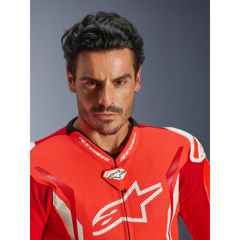 Jednodílná kožená kombinéza na motorku Alpinestars GP TECH V5 fluo červeno-červeno-bílá