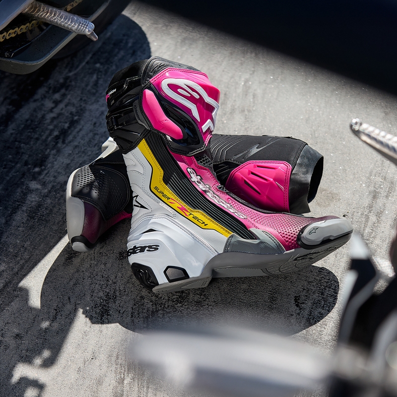 Boty na motorku Alpinestars Supertech R černo-bílo-růžovo-žluté