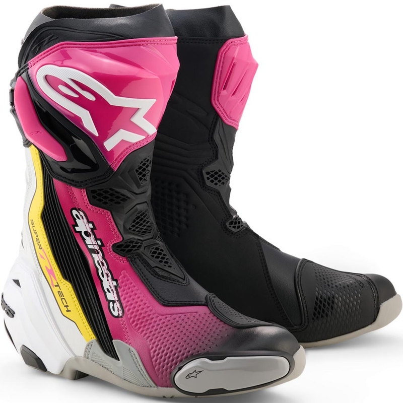Boty na motorku Alpinestars Supertech R černo-bílo-růžovo-žluté