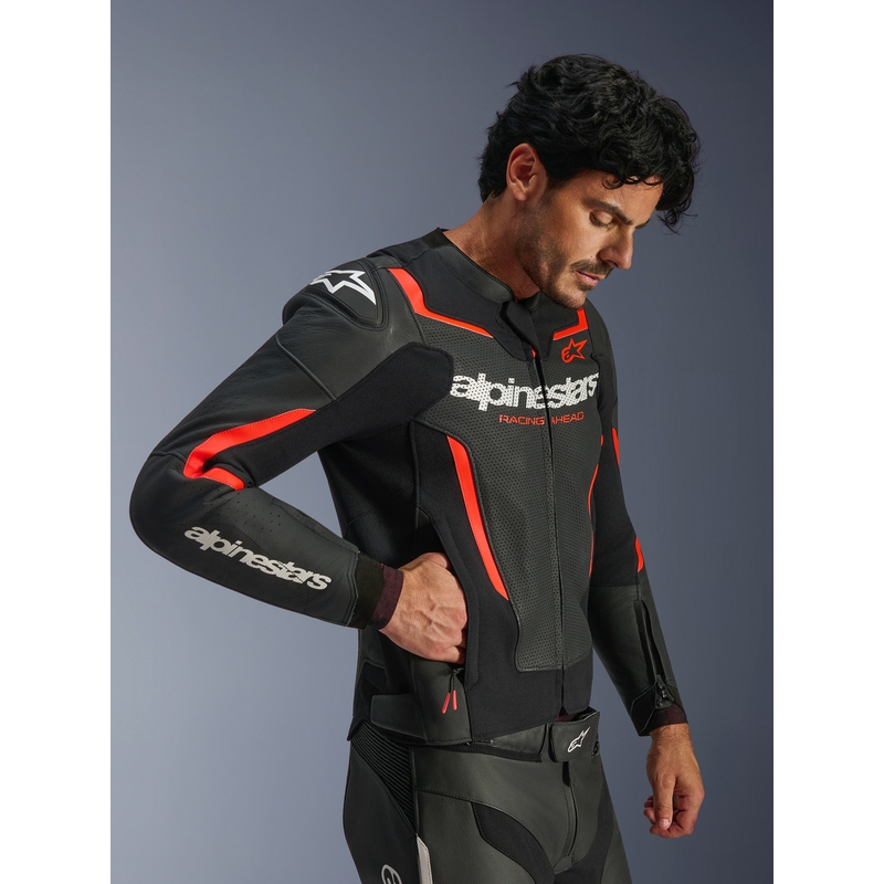 Kožená bunda na motorku Alpinestars GP Force V2 Airflow černo-fluo červeno-bílá