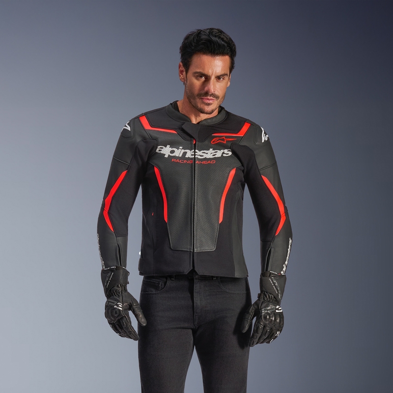 Kožená bunda na motorku Alpinestars GP Force V2 Airflow černo-fluo červeno-bílá