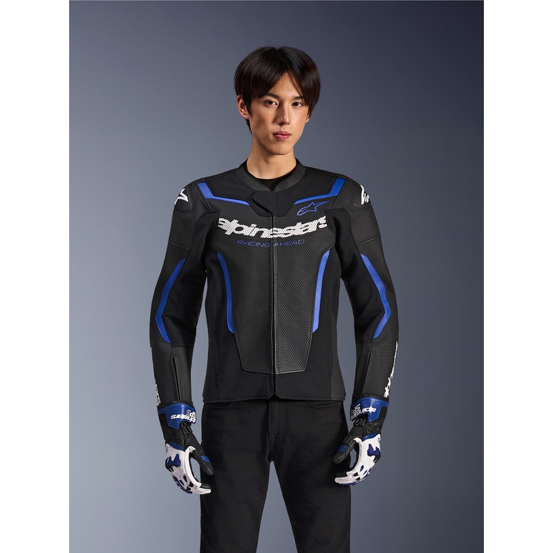 Kožená bunda na motorku Alpinestars GP Force V2 Airflow černo-metalicko modrá