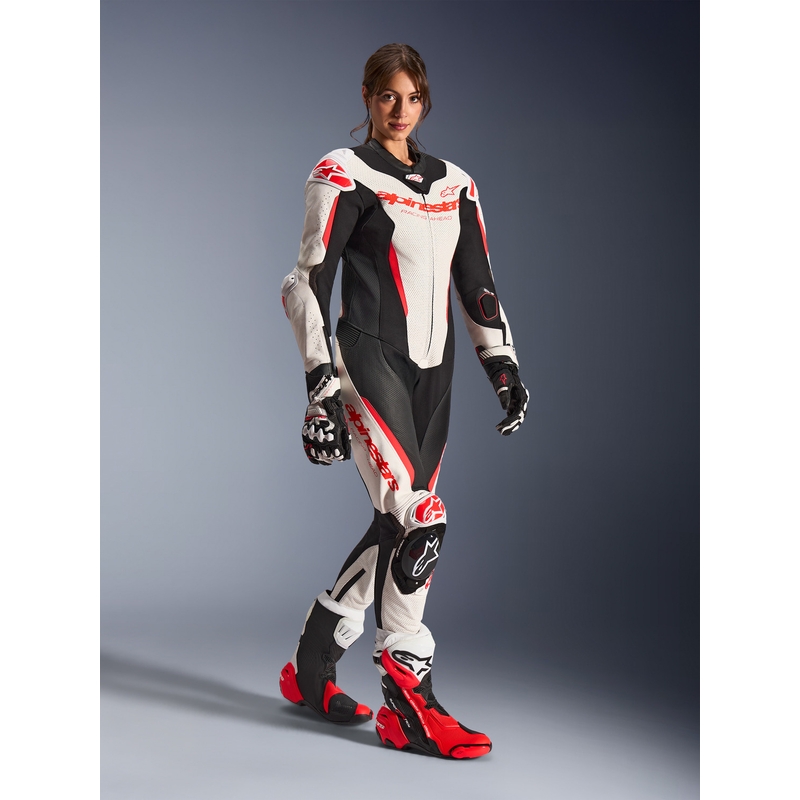 Dámská jednodílná kožená kombinéza na motorku Alpinestars Stella GP-R7 bílo-fluo červeno-černá
